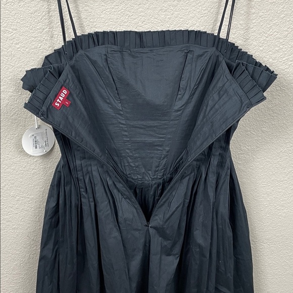 NWT Staud Bella Pleated Cotton Blend Poplin Midi Dress Black Square Neck Sz 6 - Picture 10 of 16